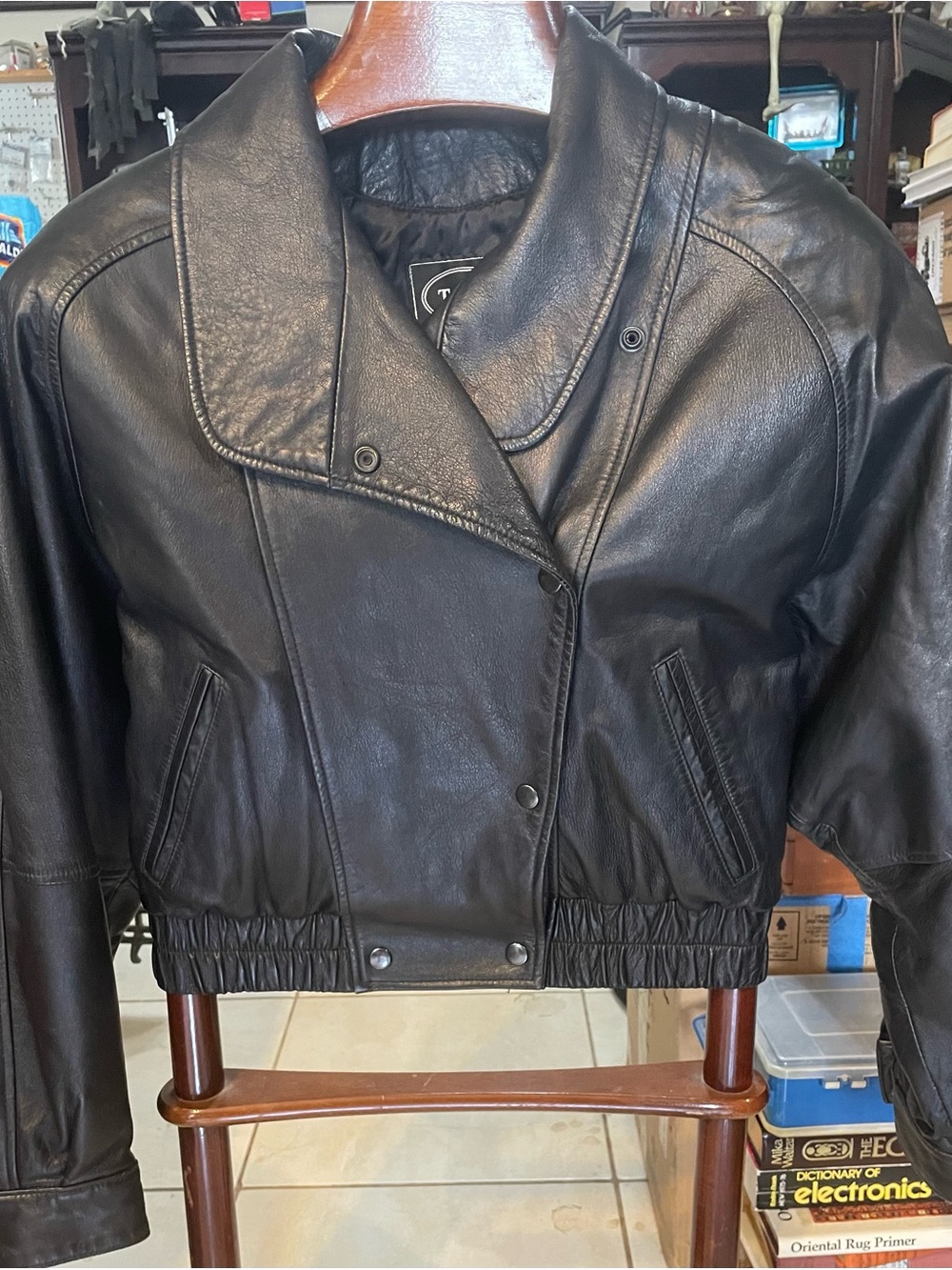 Tannery West Black Leather Cropped Bomber Jacket
